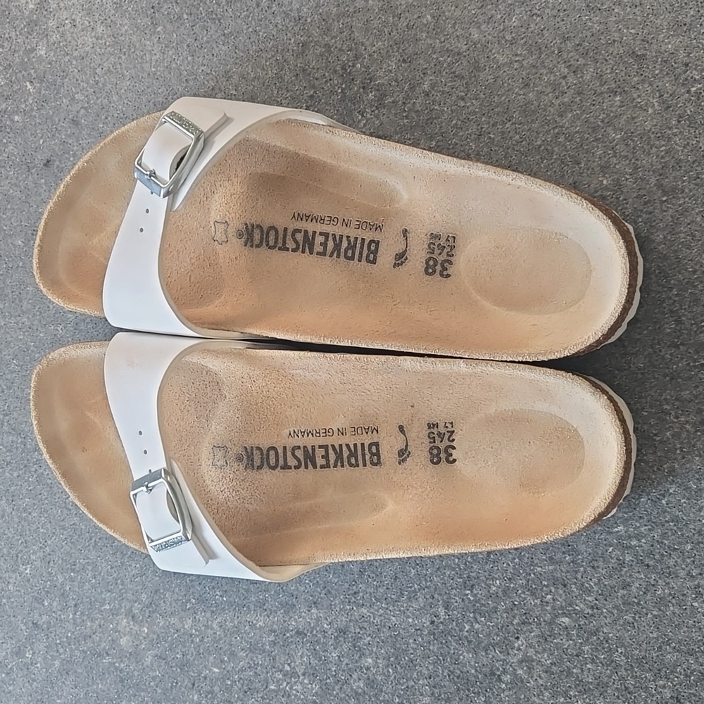 Birkenstock Madrid White Slides with Metallic Buckle Size 38 - Picture 2 of 3